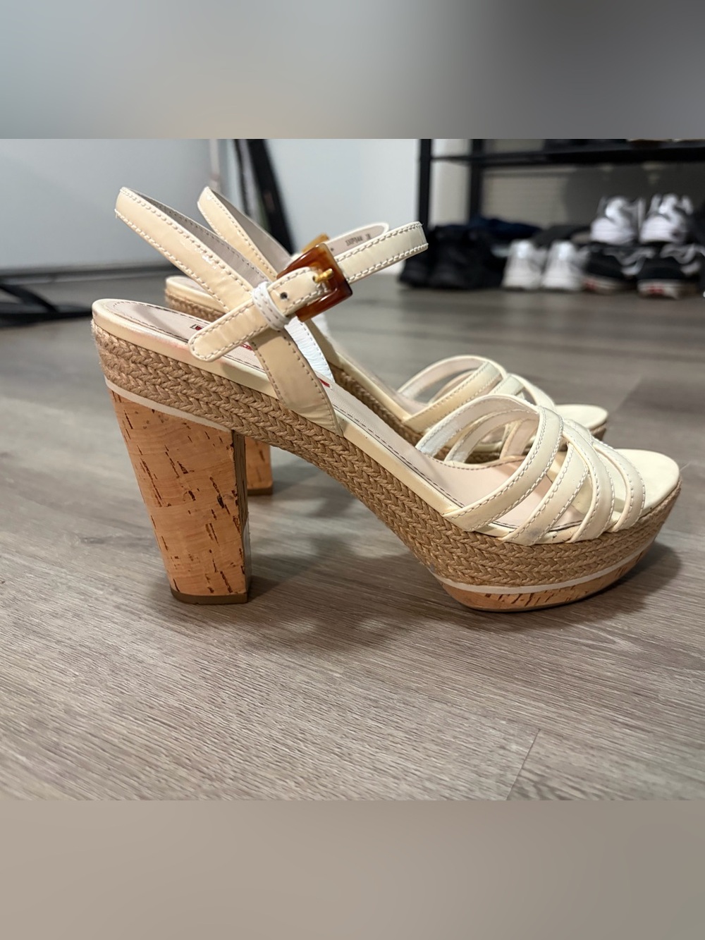 PRADA sz 38 cream cork heel platform patent leather heels shoes